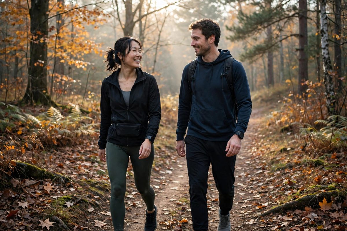 Friends walking together on a November morning trail for the Movember challenge