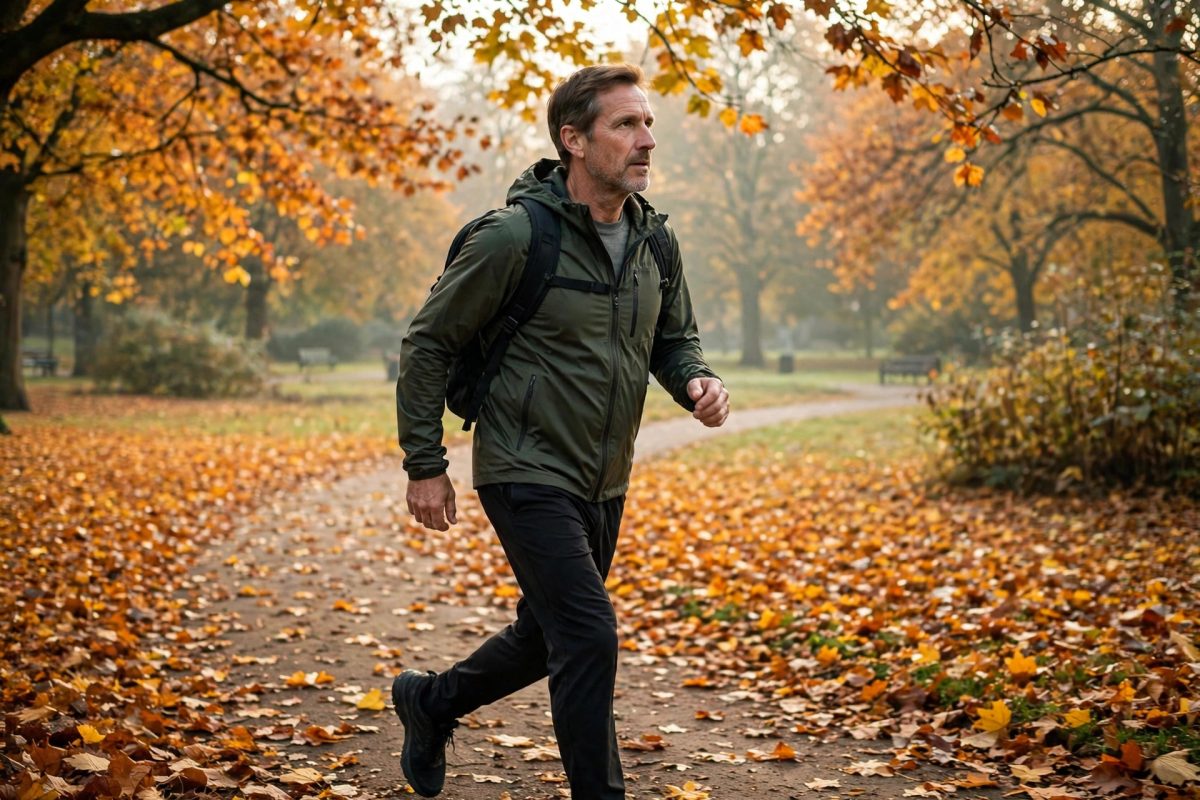 Man walking on an autumn path in November during the Movember 60 km challenge