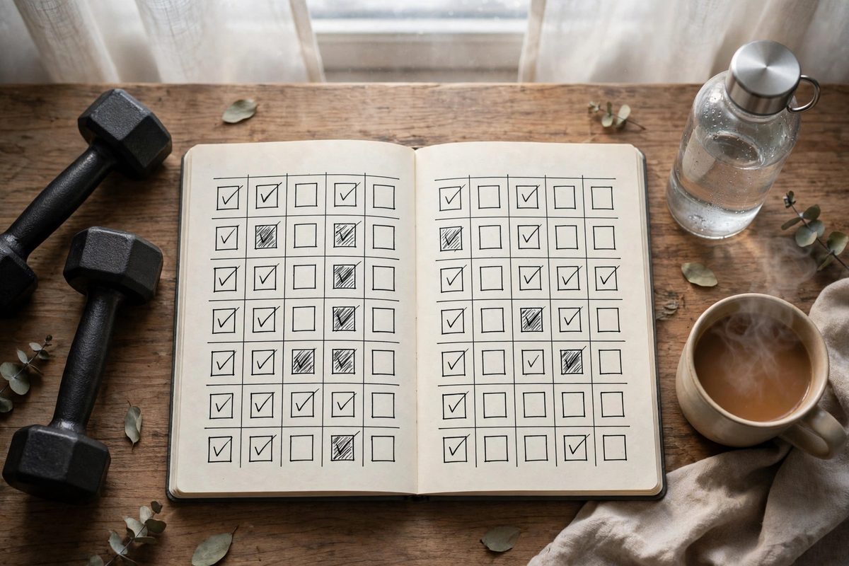 Winter Arc habit tracker journal with checked daily boxes, dumbbells and water bottle in winter morning light